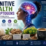 Brain health illustration featuring adaptogens including lion's mane, ashwagandha, rhodiola, nootropics, stress management, and cognitive performance optimization.