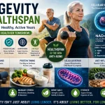 Healthy aging concept showing resistance training, muscle preservation, cellular health, NAD+ support, protein nutrition, and longevity-focused wellness.