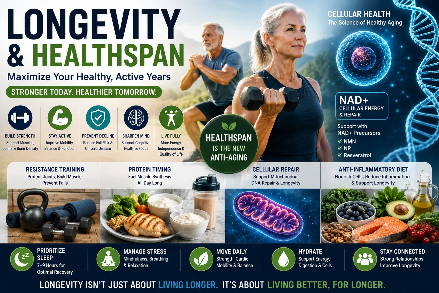 Healthy aging concept showing resistance training, muscle preservation, cellular health, NAD+ support, protein nutrition, and longevity-focused wellness.